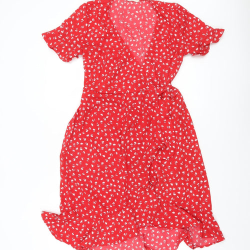 ONLY Women’s Red Floral Wrap Dress Size 8 Short Sleeve Knee Length