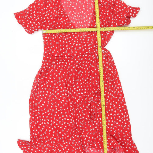 ONLY Women’s Red Floral Wrap Dress Size 8 Short Sleeve Knee Length