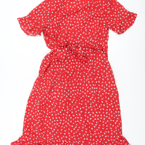ONLY Women’s Red Floral Wrap Dress Size 8 Short Sleeve Knee Length