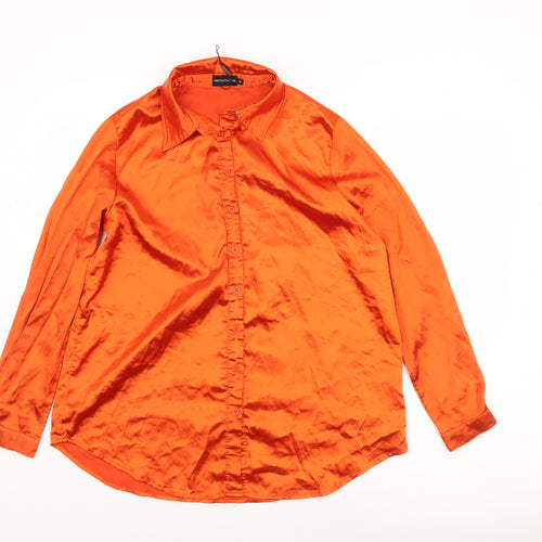 PrettyLittleThing Women Orange Satin Button-Up Shirt M Long Sleeve
