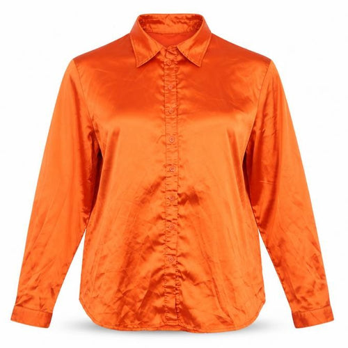 PrettyLittleThing Women Orange Satin Button-Up Shirt M Long Sleeve