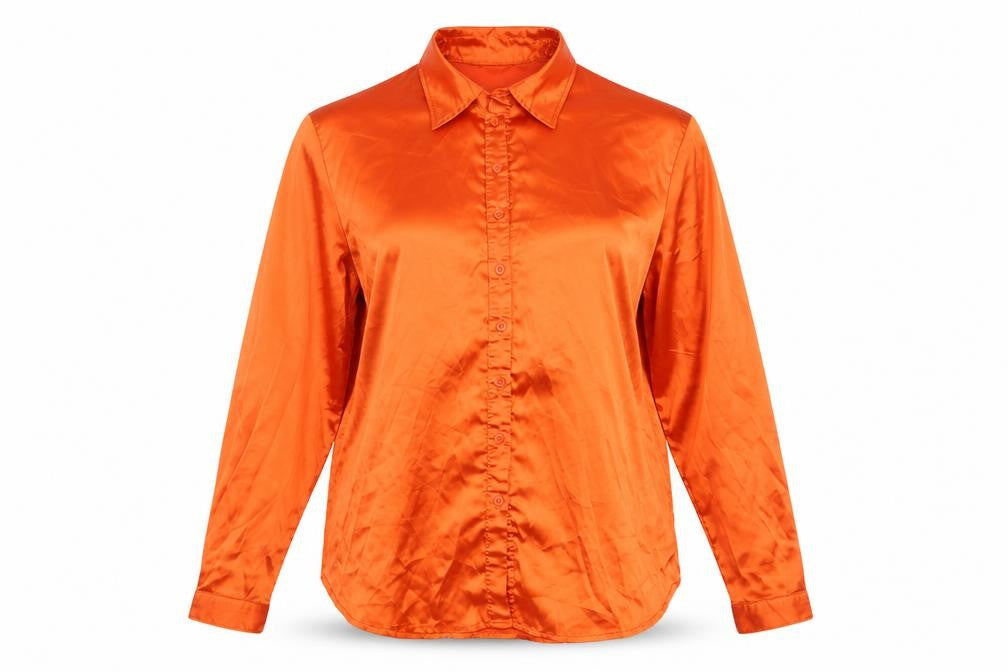 PrettyLittleThing Women Orange Satin Button-Up Shirt M Long Sleeve