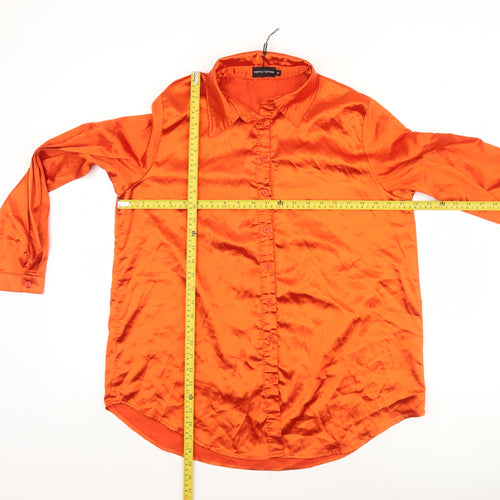PrettyLittleThing Women Orange Satin Button-Up Shirt M Long Sleeve