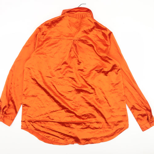PrettyLittleThing Women Orange Satin Button-Up Shirt M Long Sleeve