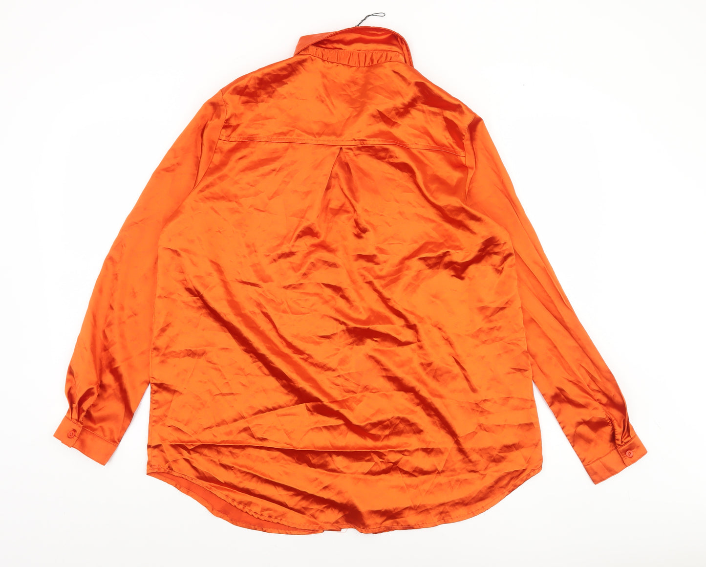 PrettyLittleThing Women Orange Satin Button-Up Shirt M Long Sleeve