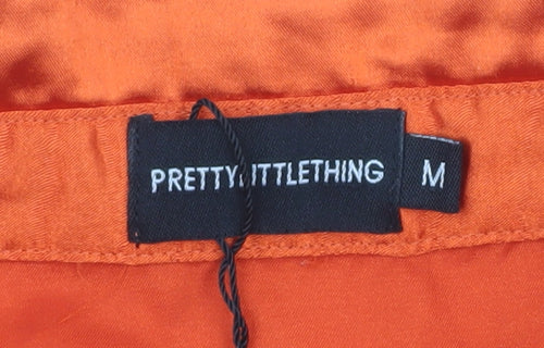 PrettyLittleThing Women Orange Satin Button-Up Shirt M Long Sleeve
