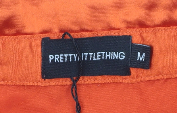 PrettyLittleThing Women Orange Satin Button-Up Shirt M Long Sleeve