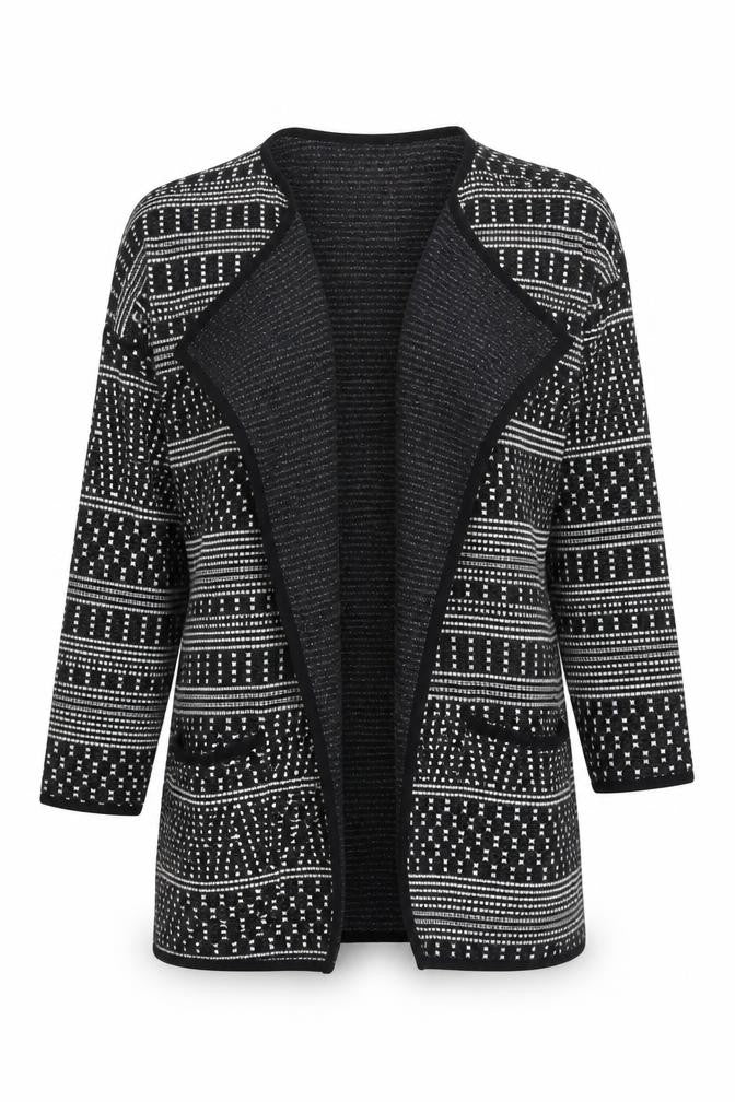 Front view of Next women’s black geometric knit open jacket, size UK 10