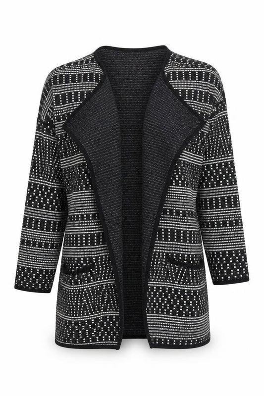 Front view of Next women’s black geometric knit open jacket, size UK 10