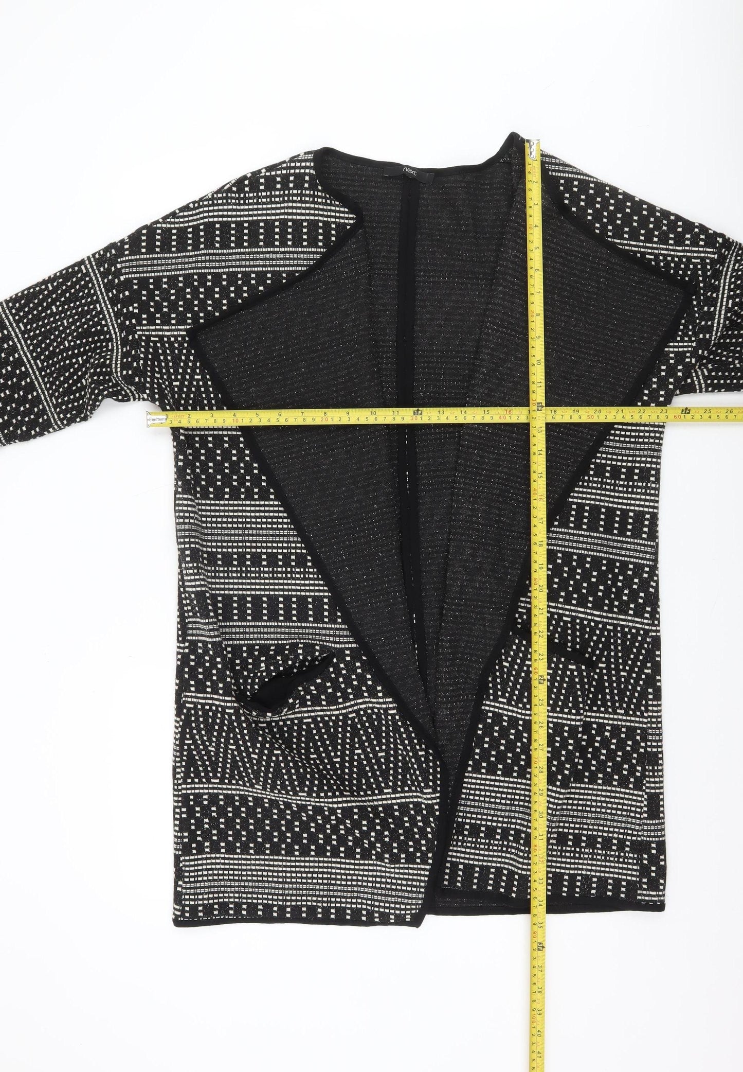 Next Womens Black Geometric Knit Open Jacket Size 10