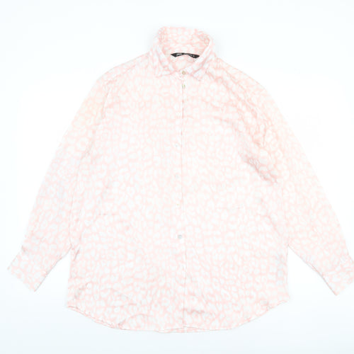 ZARA Womens Pink Animal Print Long Sleeve Button-Up Blouse Size M