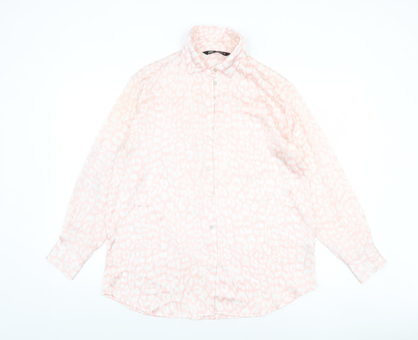 ZARA Womens Pink Animal Print Long Sleeve Button-Up Blouse Size M