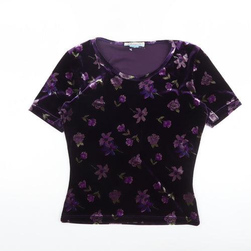 Monsoon Women's Purple Floral Velvet Short Sleeve Top UK 12