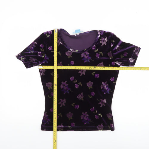 Monsoon Women's Purple Floral Velvet Short Sleeve Top UK 12