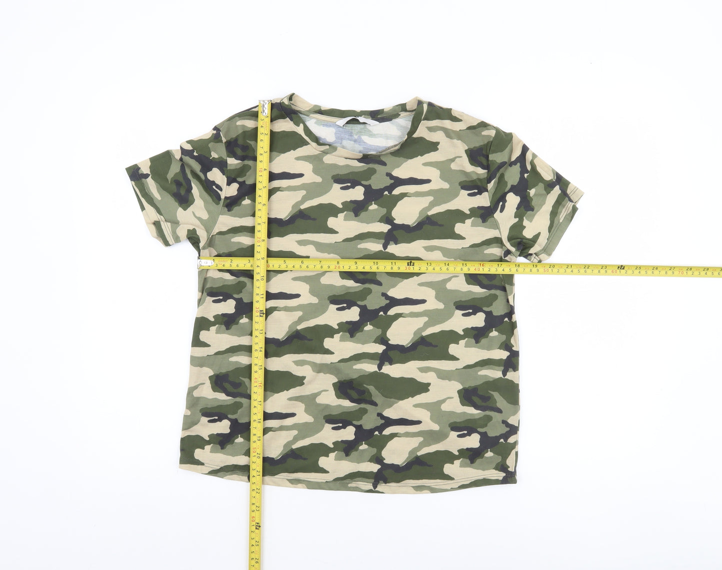 Very Women's Green Camouflage Short Sleeve Basic T-Shirt Size 12