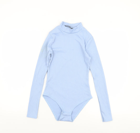 Parisian Women Blue Ribbed Long Sleeve Bodysuit UK 6