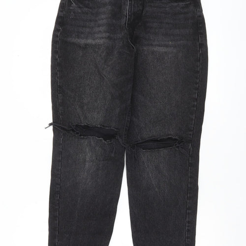 Zara Women Black High Rise Mom Jeans Size 10 Distressed Denim