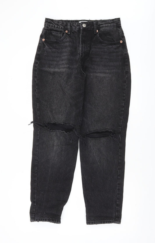 Zara Women Black High Rise Mom Jeans Size 10 Distressed Denim