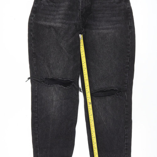 Zara Women Black High Rise Mom Jeans Size 10 Distressed Denim