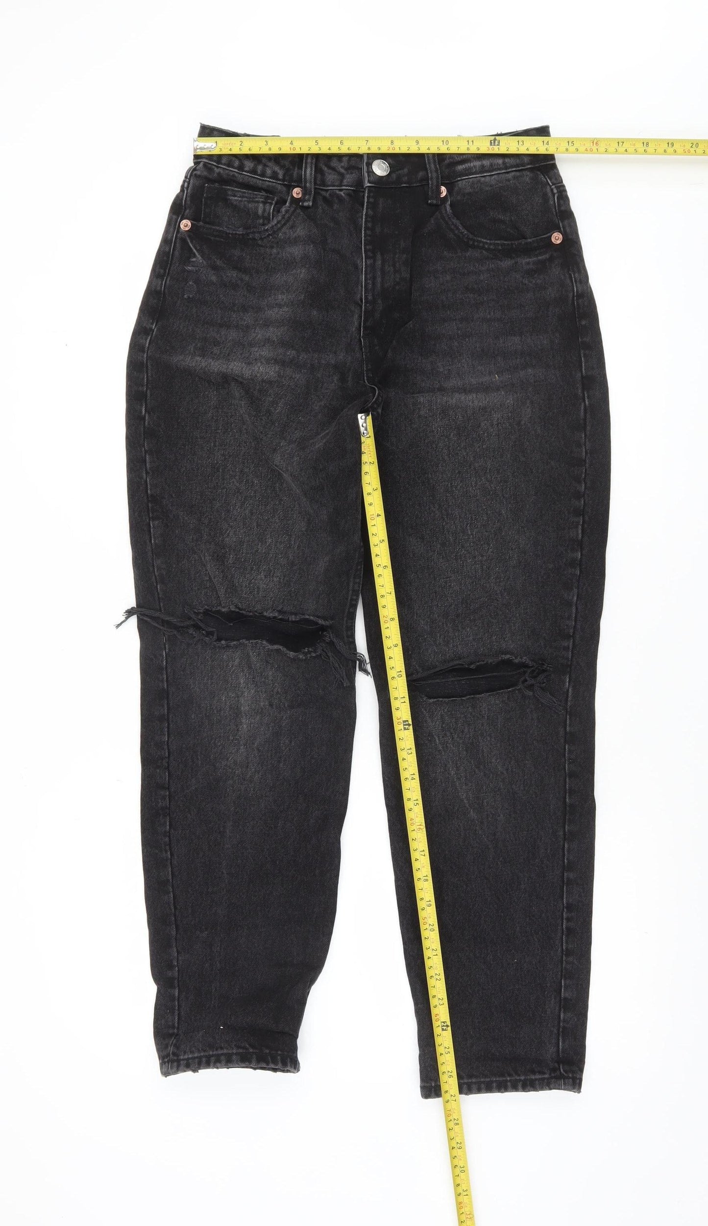Zara Women Black High Rise Mom Jeans Size 10 Distressed Denim