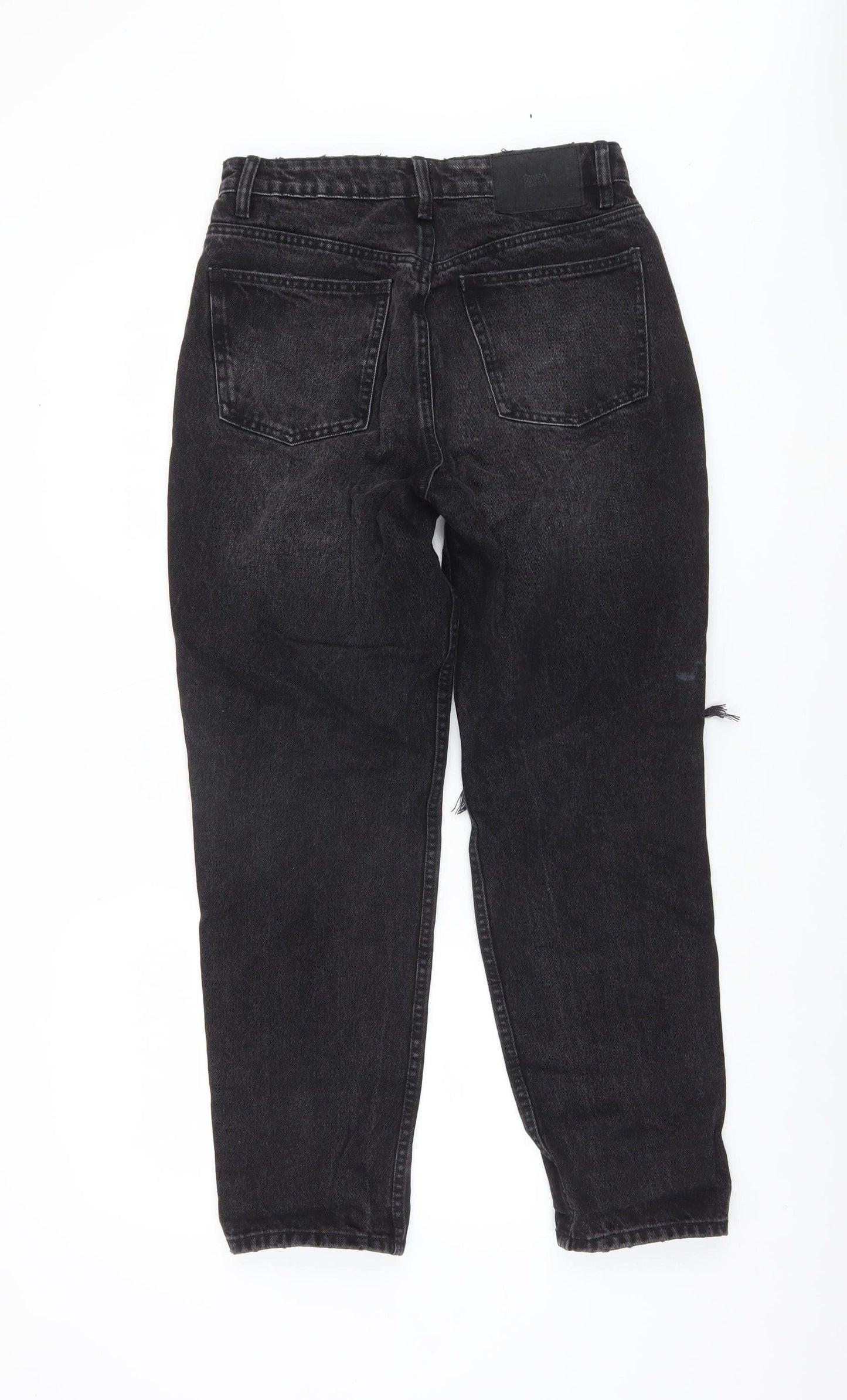Zara Women Black High Rise Mom Jeans Size 10 Distressed Denim