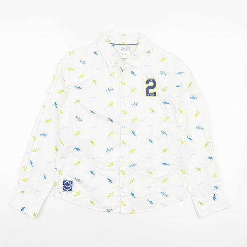 Max Boys White Shark Print Long Sleeve Cotton Button-Up Shirt 9-10 Years
