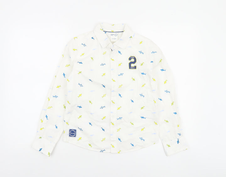 Max Boys White Shark Print Long Sleeve Cotton Button-Up Shirt 9-10 Years