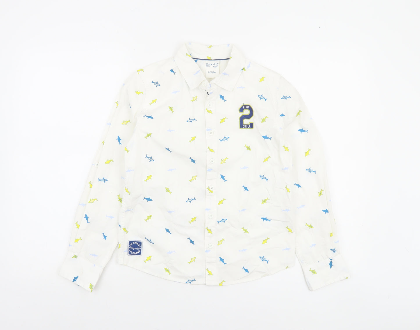 Max Boys White Shark Print Long Sleeve Cotton Button-Up Shirt 9-10 Years