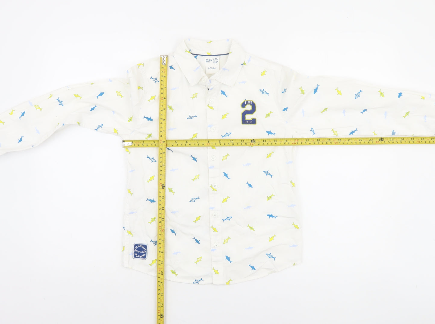 Max Boys White Shark Print Long Sleeve Cotton Button-Up Shirt 9-10 Years