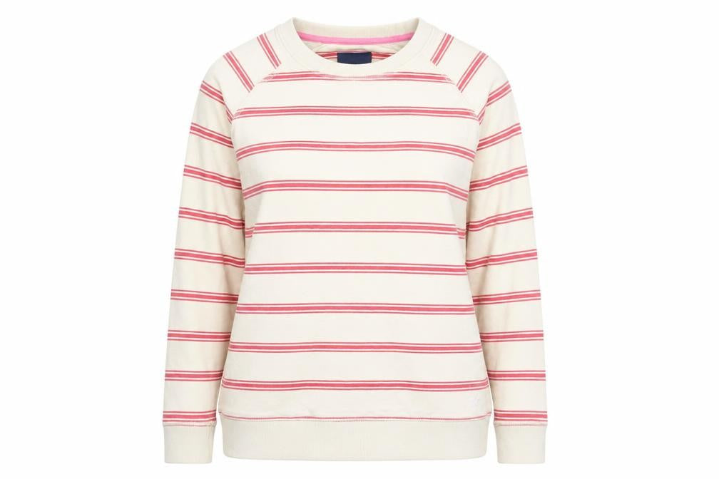 Front view of Crew Clothing Beige Red Stripe Cotton Pullover Sweatshirt, size 10