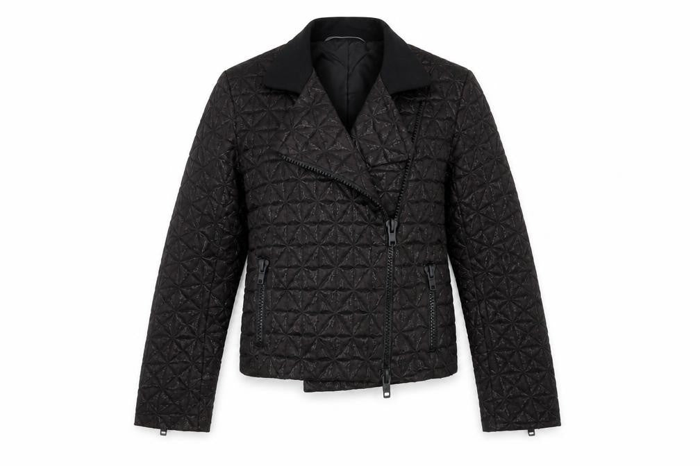 Front view of Zambesi women’s black quilted biker jacket, size UK 10, lined zip detail