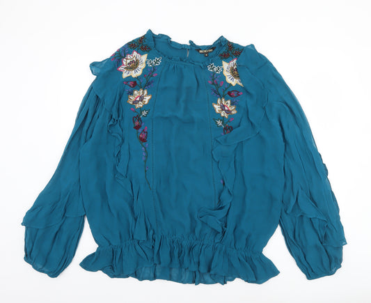 Biba Womens Blue Embroidered Ruffle Long Sleeve Tunic Blouse Size 18