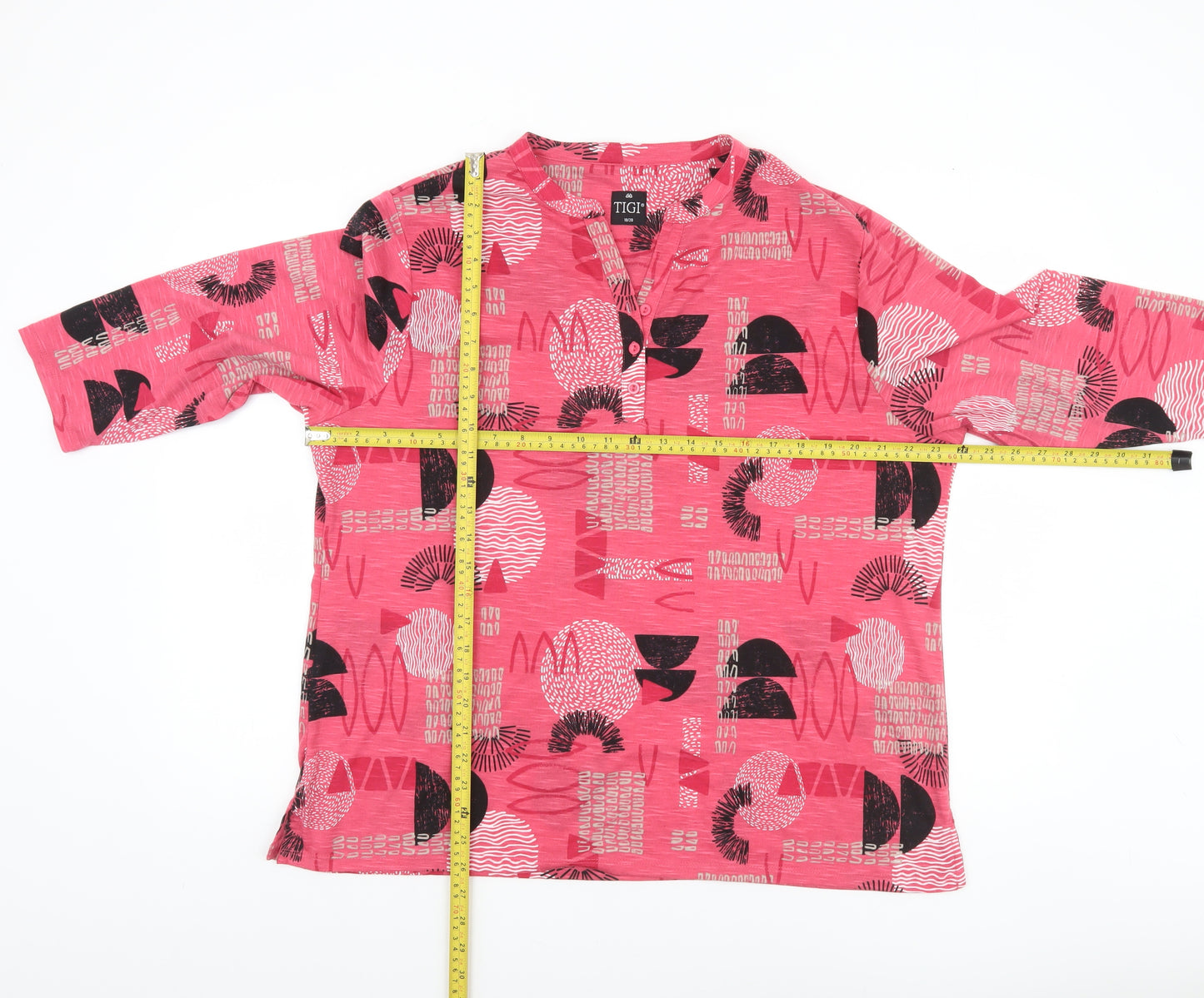 TIGI Women Pink Geometric 3/4 Sleeve Tunic Blouse Size 18