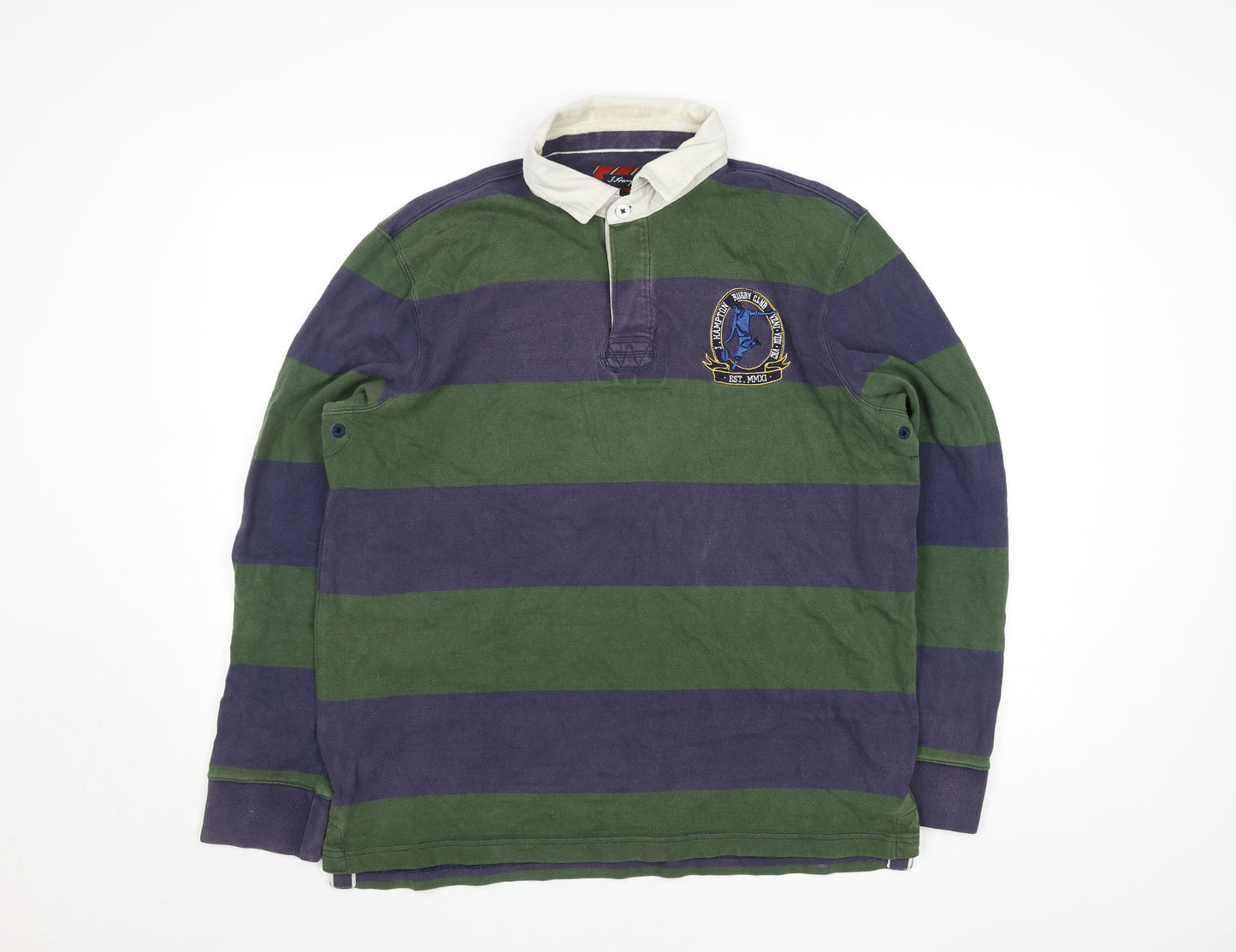 J.Hampton and Sons Men's Green Striped Rugby Sweatshirt L Cotton Classic