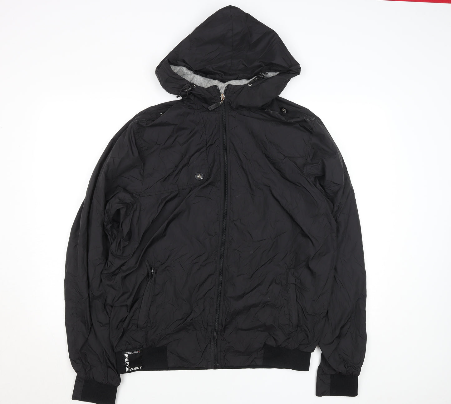Henleys Men's Black Hooded Bomber Jacket Size L Full Zip Polyester