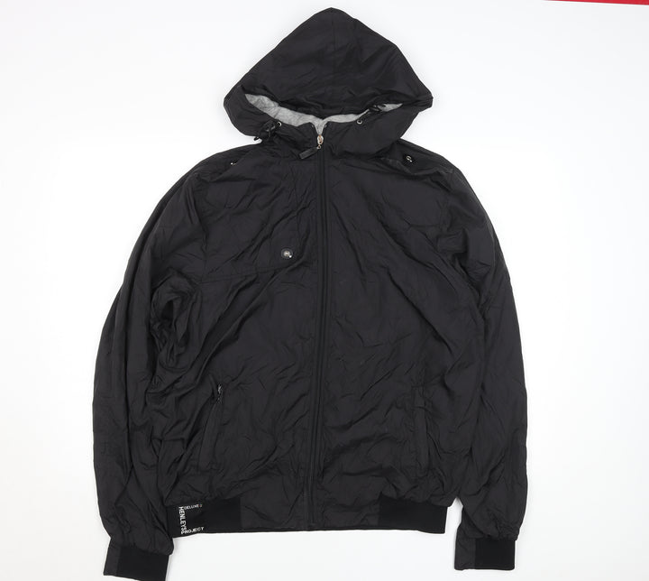 Henleys Men's Black Hooded Bomber Jacket Size L Full Zip Polyester
