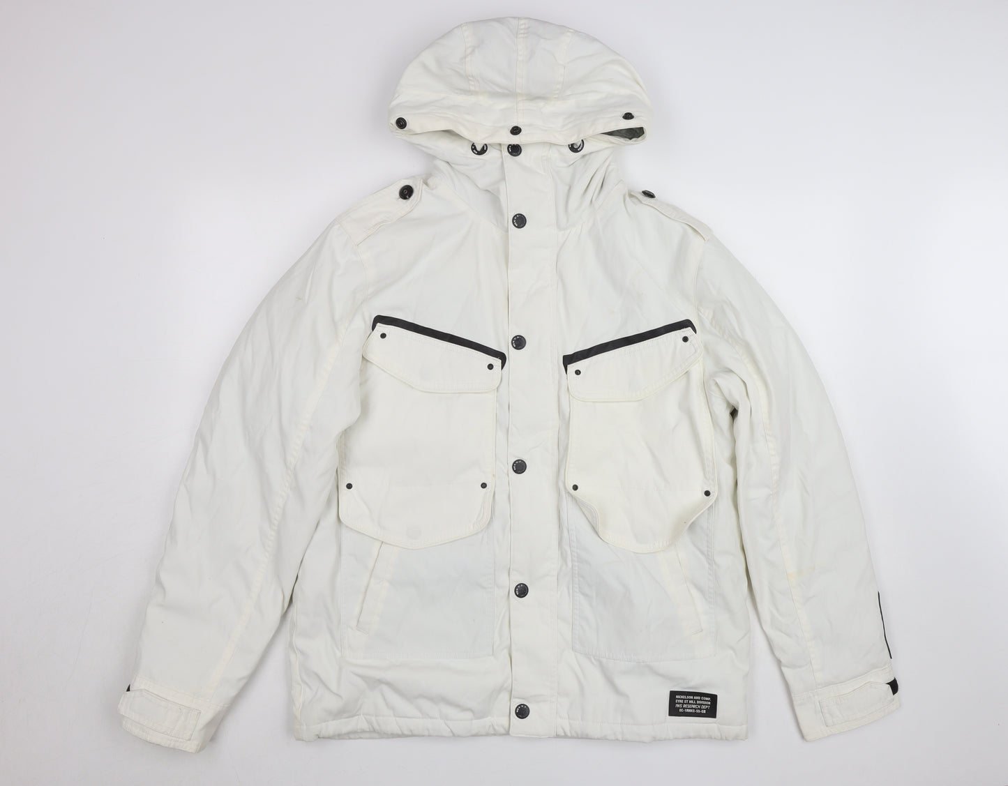 Nickelson Women White L Hooded Parka Jacket Lined Buttoned Pockets
