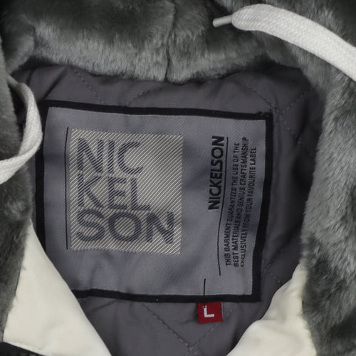 Nickelson Women White L Hooded Parka Jacket Lined Buttoned Pockets