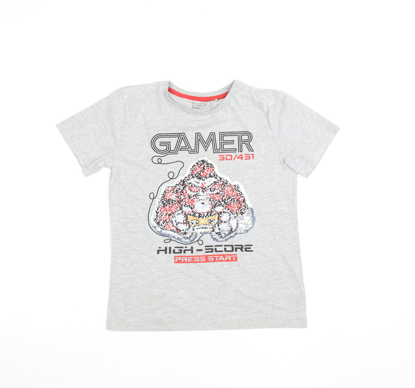 Next Boys Grey Sequin Gamer Graphic Short Sleeve Cotton T-Shirt 8 Years