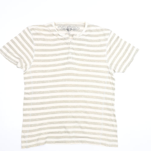 Red Herring Men's Beige Striped Henley T-Shirt Size L Cotton