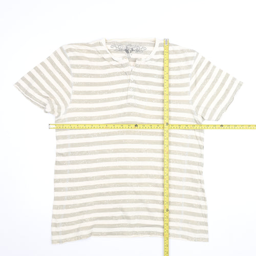 Red Herring Men's Beige Striped Henley T-Shirt Size L Cotton