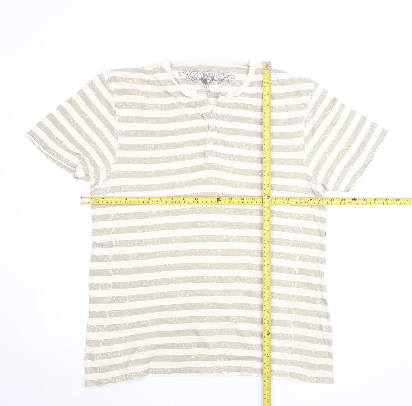 Red Herring Men's Beige Striped Henley T-Shirt Size L Cotton