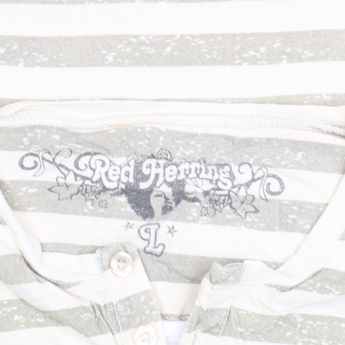 Red Herring Men's Beige Striped Henley T-Shirt Size L Cotton