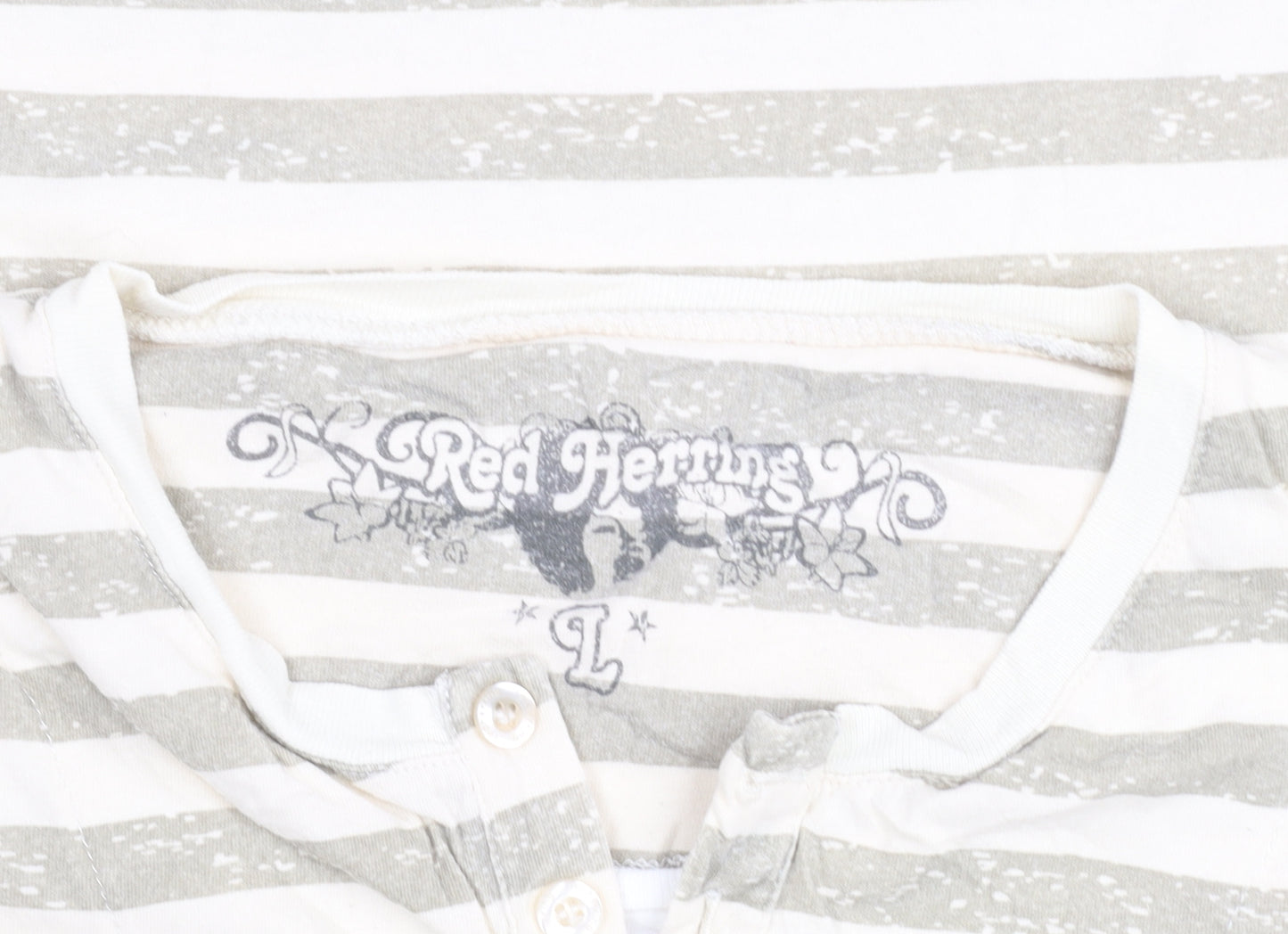 Red Herring Men's Beige Striped Henley T-Shirt Size L Cotton