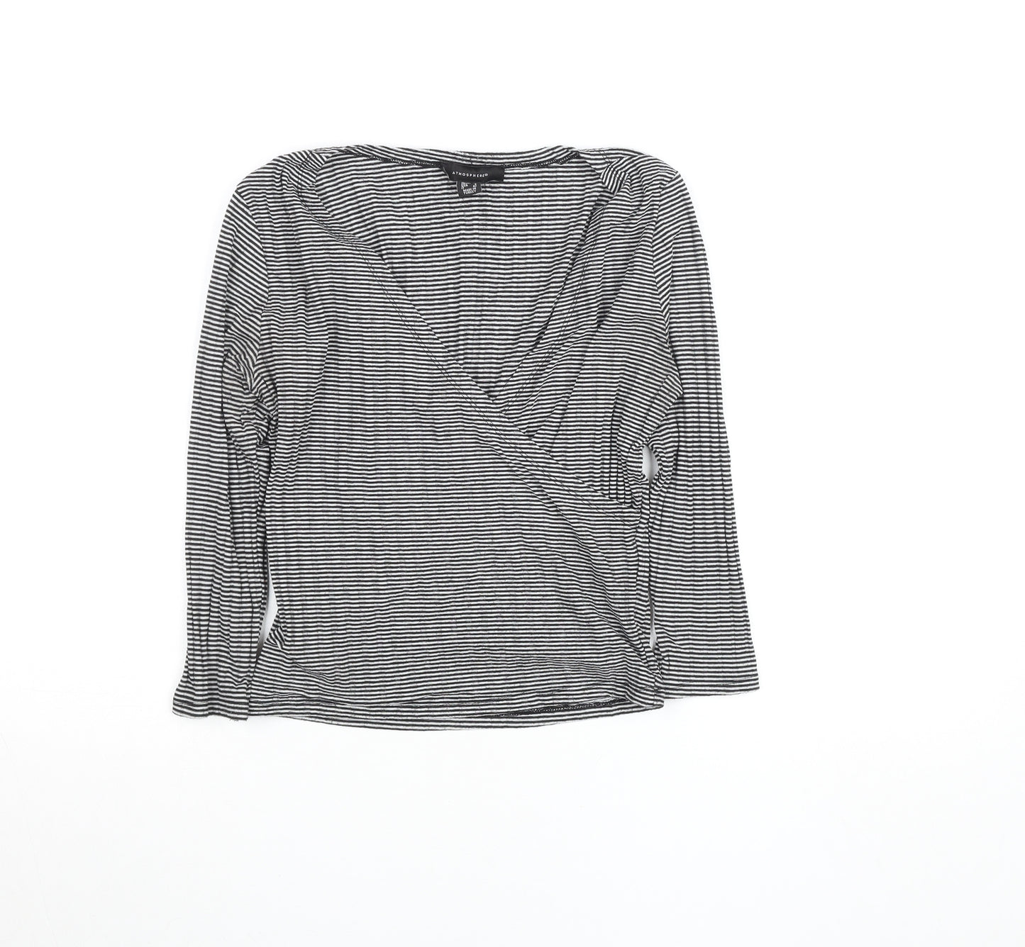 Atmosphere Womens Black Striped Wrap V-Neck Long Sleeve Top Size 10