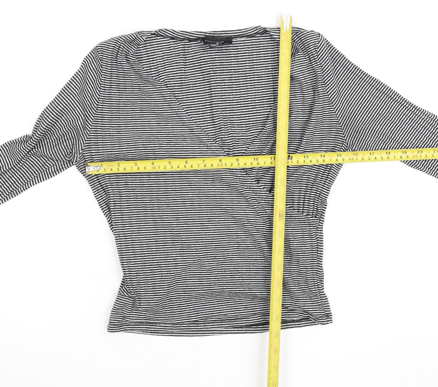 Atmosphere Womens Black Striped Wrap V-Neck Long Sleeve Top Size 10