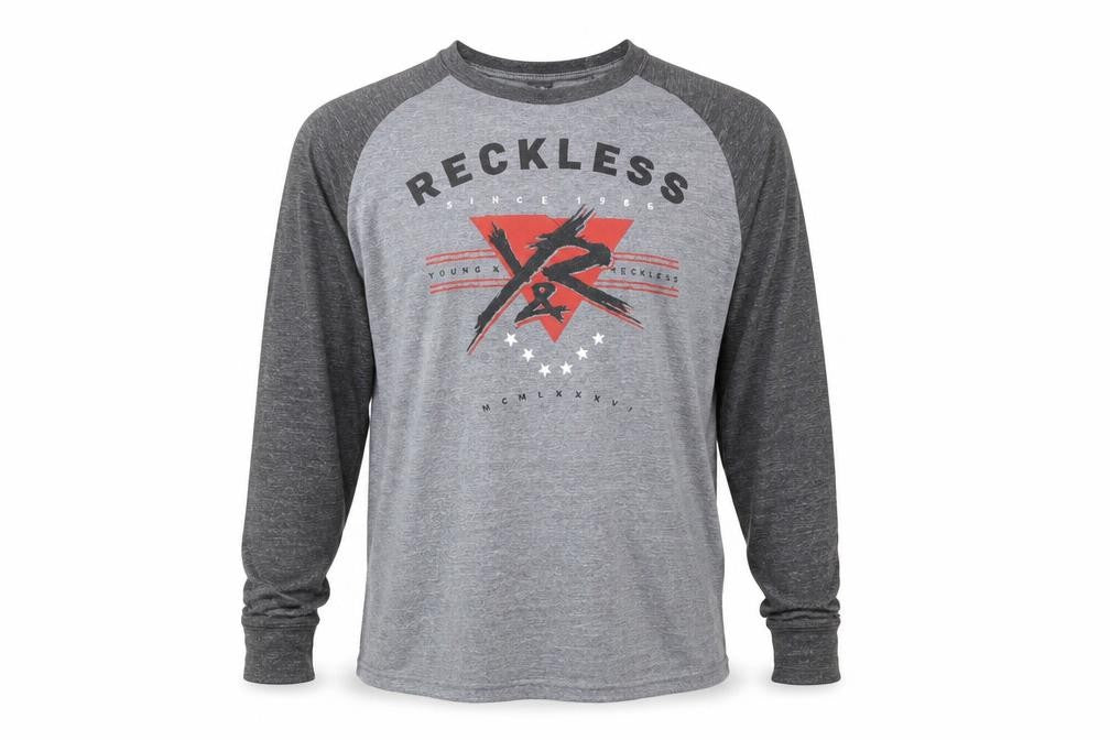 Front view of Young & Reckless Men’s Grey Long Sleeve Graphic Top, size L