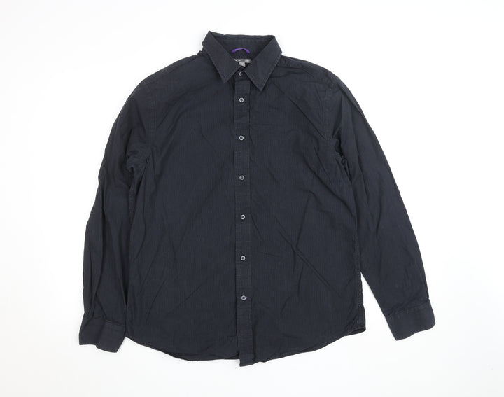 Gap Men's Black Striped Long Sleeve Regular Fit Cotton Shirt L