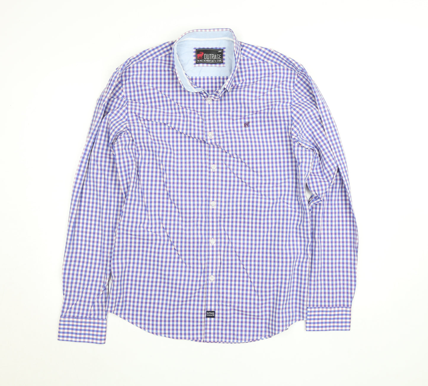 Outrage Men's Blue Check Cotton Long Sleeve Button-Up Shirt L