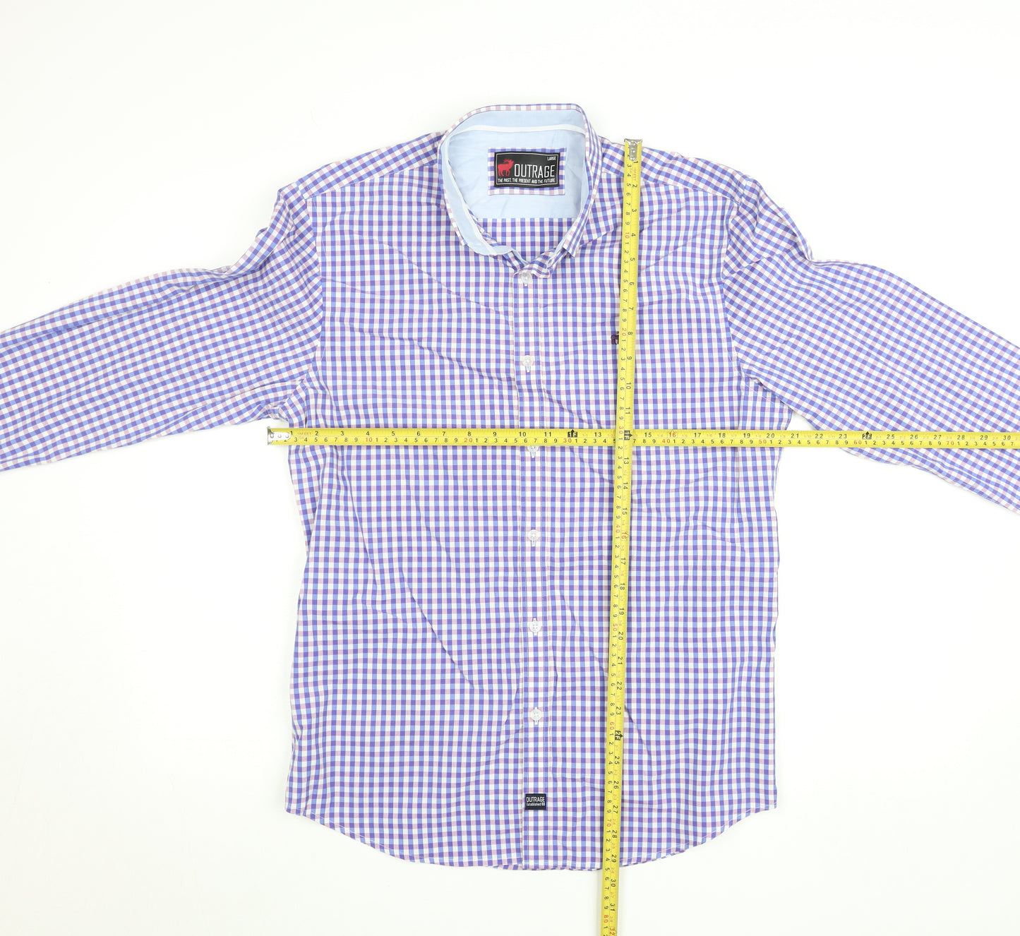 Outrage Men's Blue Check Cotton Long Sleeve Button-Up Shirt L